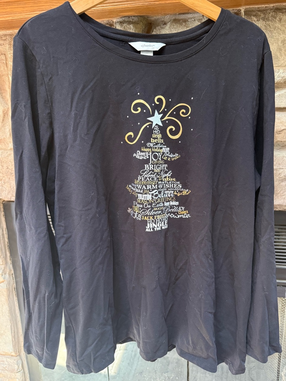 CJ Banks Black Long Sleeve Tee with Gold Swirl and Light Blue Star